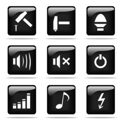 Set of glossy buttons with icons. Black and white series.