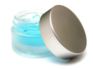 Blue gel for care of the face in a glass jar