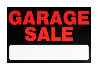 A bright red and black garage sale sign. isolated on white.
