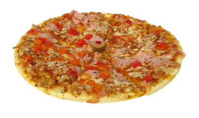 Pizza with ham, paprika and olive isolated on white background