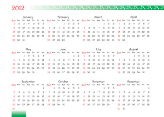 calendar grid of 2012 year with decorated font and ornament