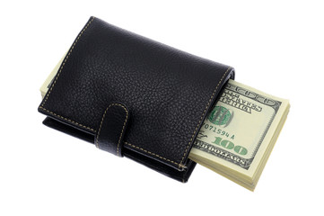 US one hundred dollar bills in wallet, isolated on white