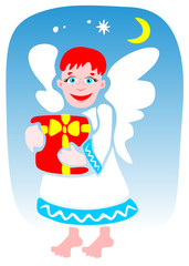 Cartoon angel on a blue background. Christmas illustration.