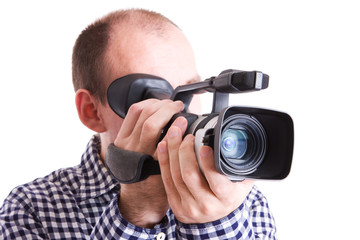 Professional operator making the video. Isolated on white