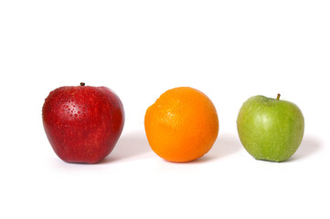 Two apples and orange isolated on white background