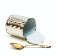 Empty can and spoon isolated on white for your design