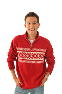 Handsome Young Man In Red Sweater Isolated On White Background