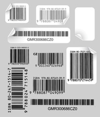 Set of various labels with bar codes on grey background
