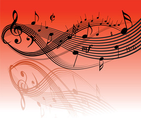 Fototapeta na wymiar Music theme - black notes on red background