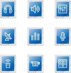 Media web icons, blue glossy stamp series