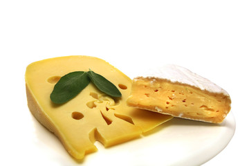 swiss cheese and camembert on white dish