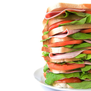 Tall Sandwich Of Ham, Tomato & Lettuce - Isolated