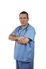 Friendly male doctor in blue scrubs with stethoscope