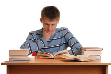 Teenager reading books isolated on white background