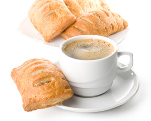 Appetizing pie and cup of coffee on a white background