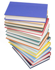 Stacked books on white background