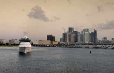 Cruise ship docking in the port of Miami at dawn