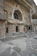 Entrance to Ancient Buddhist Rock Temple. Ajanta, India.