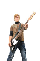 Portrait of young trendy man playing bass guitar - isolated