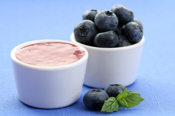 bowl of delicious blueberry yogurt and some fresh fruits