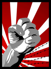 powerfull fist on red background with barbed wire