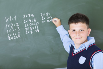 A boy does multiplication on chalkboard