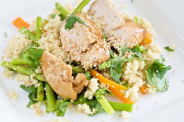 Fototapeta na wymiar Delicious healthy light meal with chicken and couscous