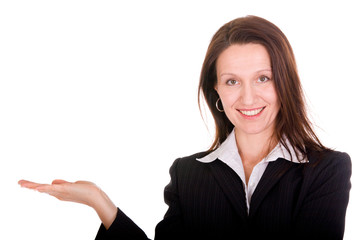 business woman presenting hand on white background