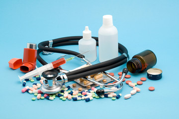 medical supplies studio isolated over blue