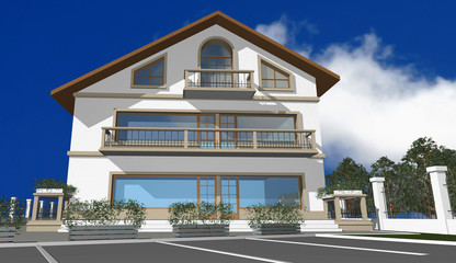 3D render of modern house, facade, exterior,  isolated, sky