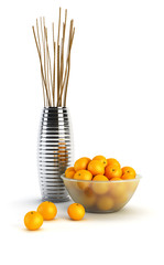 3d rendering still life with vases and oranges