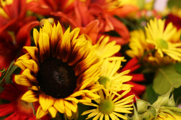 A spring bouquet of sunflowers and daisies