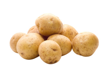 Raw potatoes on white background..