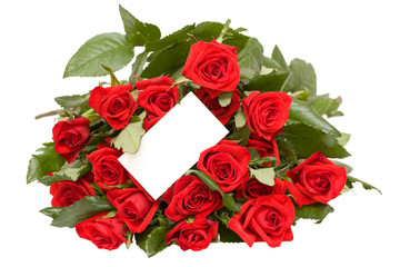 bunch of red roses on white background with ticket