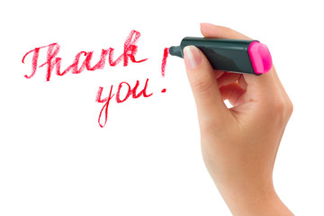 Hand with marker writing Thank You isolated on white background