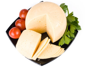 Fresh appetizing cheese on a white background