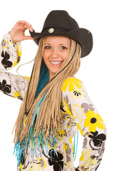 blond woman with the braids on a white background
