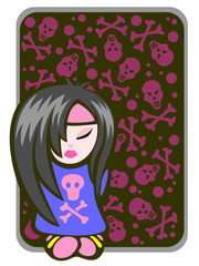 Cartoon emo girl on a skulls and bones background.