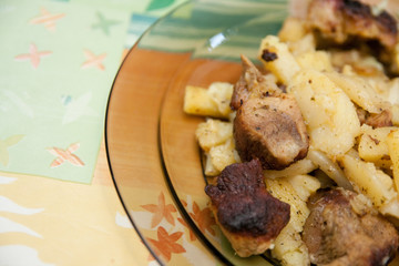 fried meat and potaton on the plate