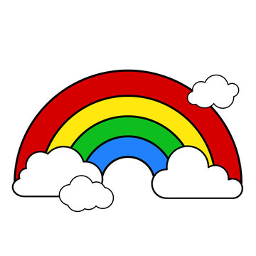 clouds outline and colorful rainbow on white background