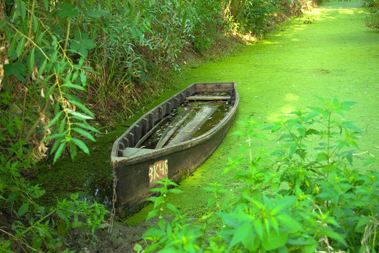 traditional wooden boat on the river, Ukraine, Vylkove.