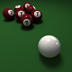 Impossible billiards game with seven balls with number 7