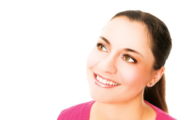 Naklejka premium Happy young woman with long brown hair in pony tail