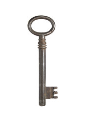A rusted old fashion key over a white background.