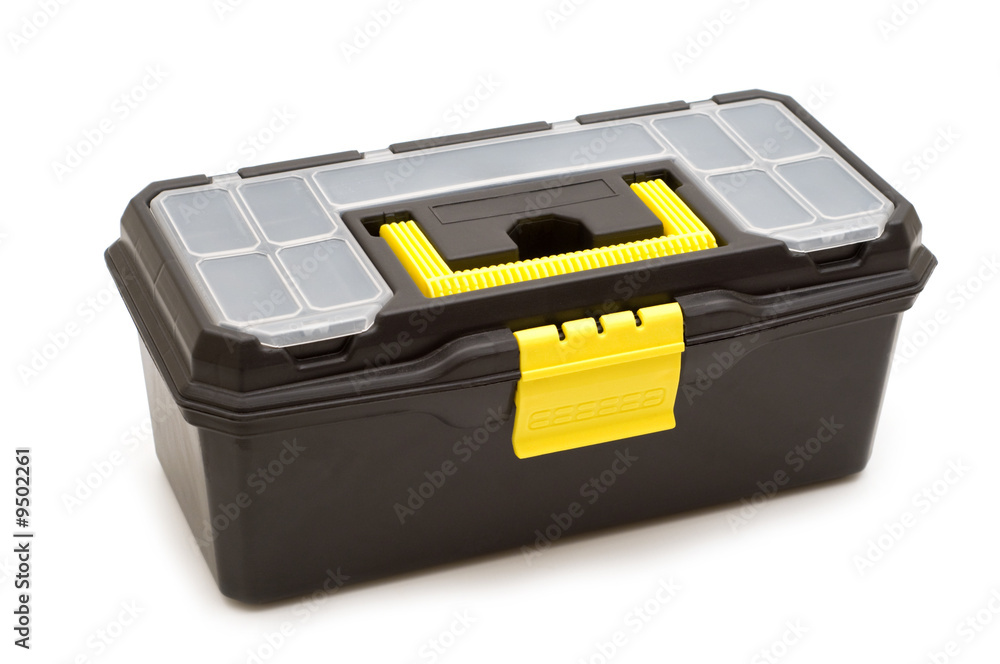 Wall mural plastic toolbox on white background.