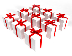 White gift boxes with red ribbons in a square formation