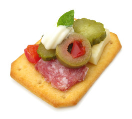 Party cracker snack with bell pepper, salami, olive and cheese