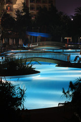 Illuminated swimming pool in Turkish resort.