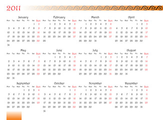 calendar of 2011 year with decorated font. Monday is first day