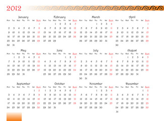 calendar of 2012 year with decorated font. Monday is first day